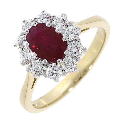 18ct Gold Oval Ruby & Diamond Set Cluster Ring