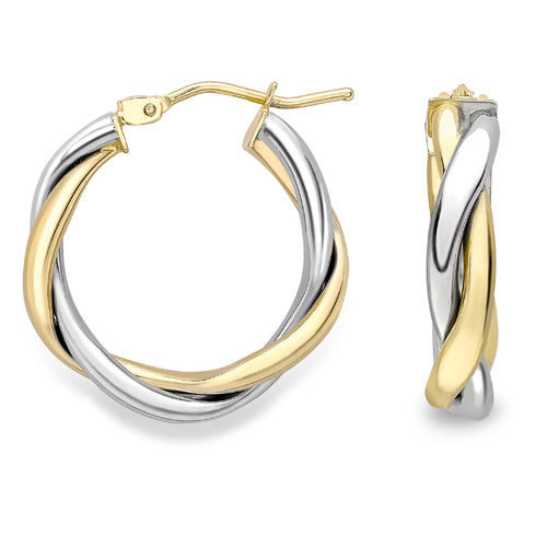 9ct Yellow & White Gold Twist 15mm Hoop Earrings