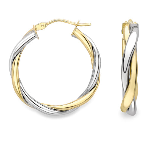 9ct Yellow & White Gold Twist 20mm Hoop Earrings