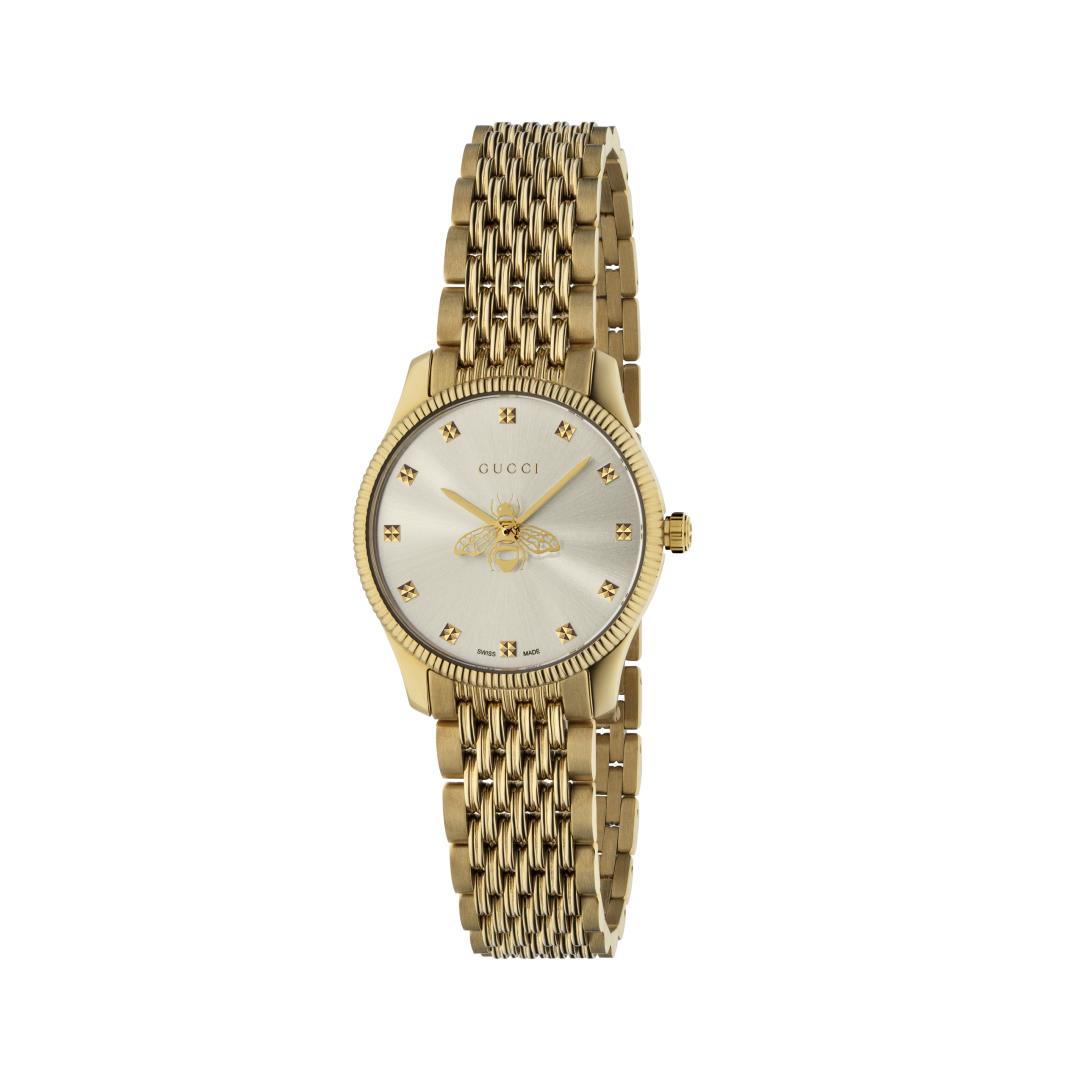 Gucci G-Timeless Silver Dial Slim Bee PVD Gold Plated Womens Quartz Watch YA1265021