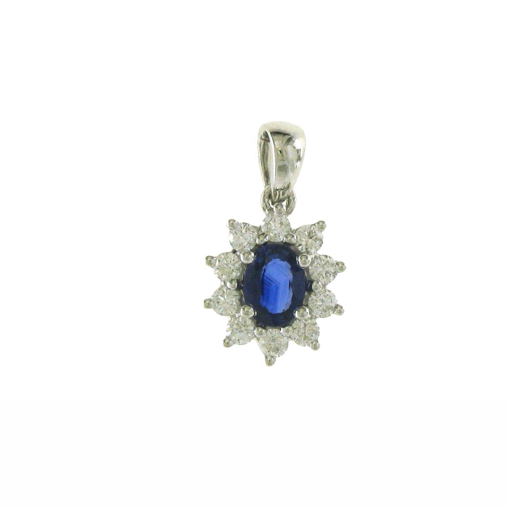 18ct White Gold Oval Sapphire & Diamond Set Cluster Pendant Necklace