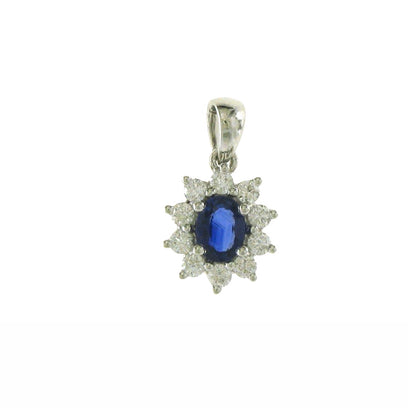 18ct White Gold Oval Sapphire & Diamond Set Cluster Pendant Necklace
