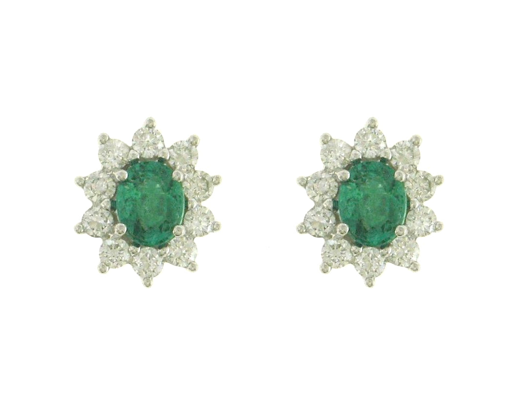 18ct White Gold Oval Emerald & Diamond Set Cluster Stud Earrings