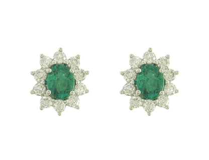 18ct White Gold Oval Emerald & Diamond Set Cluster Stud Earrings