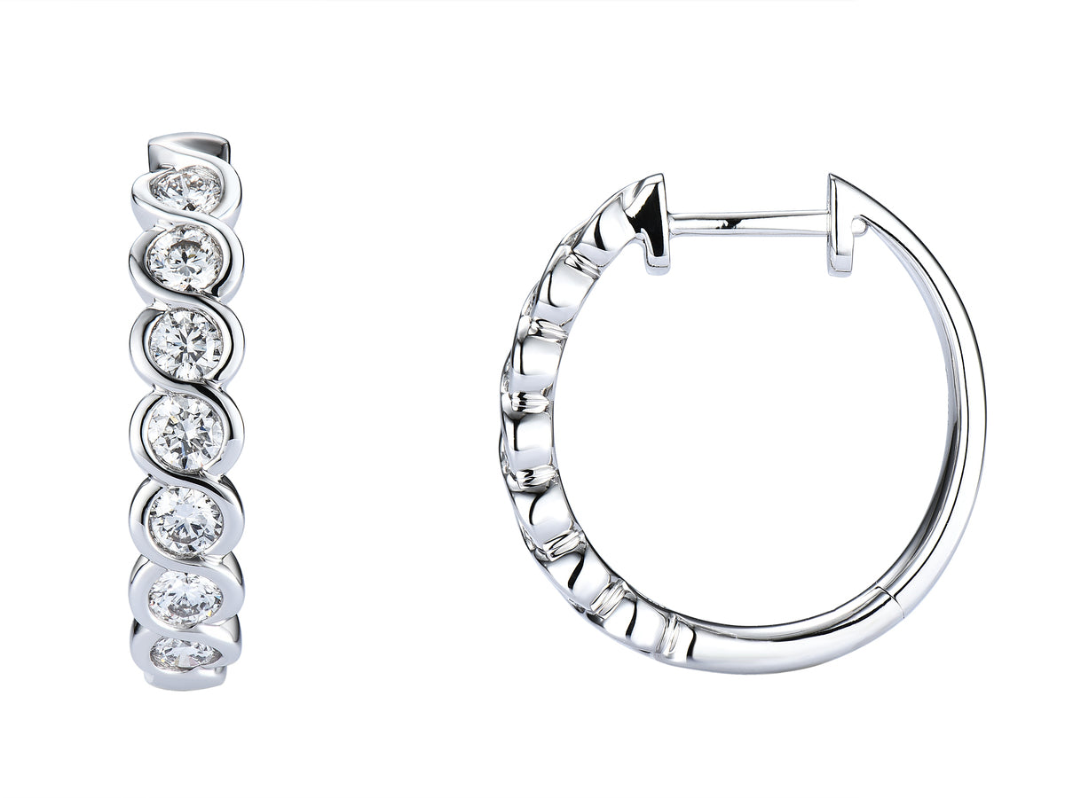 18ct White Gold Rubover S Set Diamond Hoop Earrings