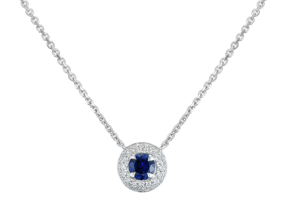 18ct White Gold Round Sapphire & Diamond Set Double Row Halo Cluster Pendant Necklace