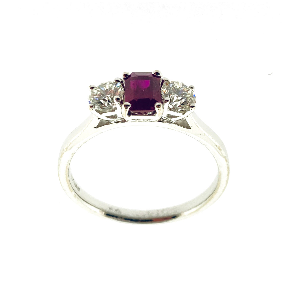 18ct White Gold Ruby & Diamond Set Three Stone Trilogy Ring