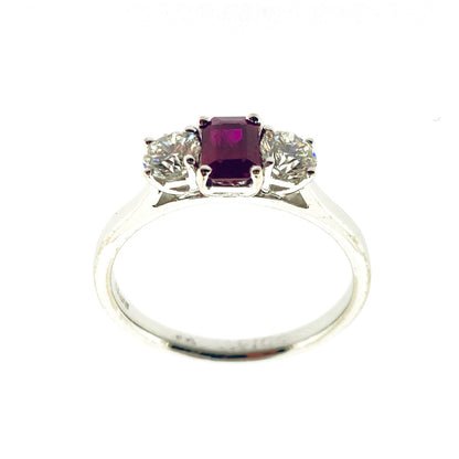 18ct White Gold Ruby & Diamond Set Three Stone Trilogy Ring
