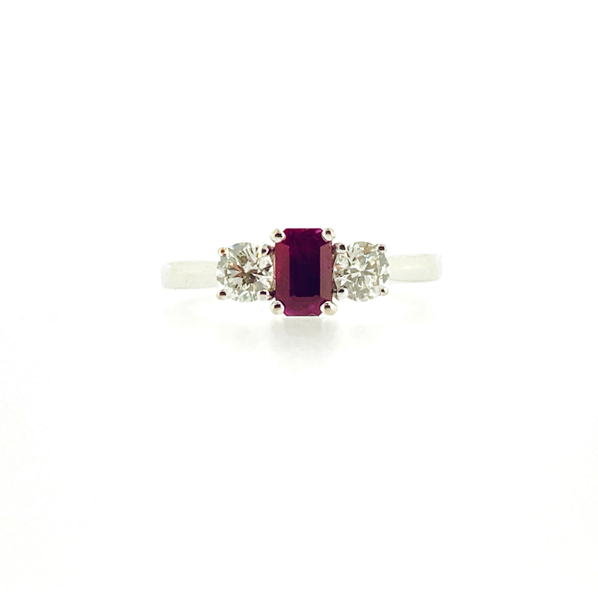 18ct White Gold Ruby & Diamond Set Three Stone Trilogy Ring