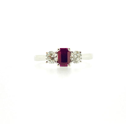 18ct White Gold Ruby & Diamond Set Three Stone Trilogy Ring