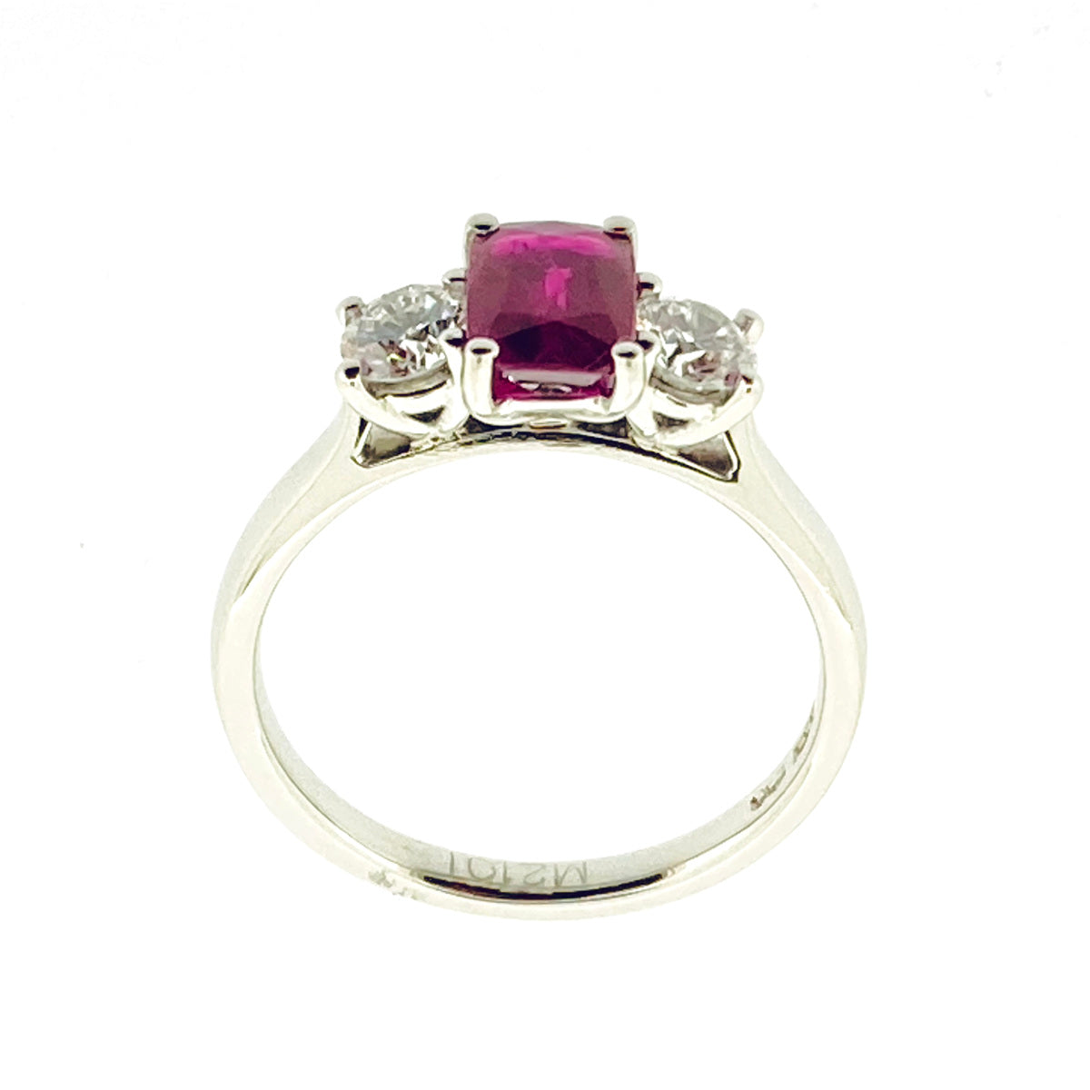 Platinum Octagonal Cushion Cut Ruby & Diamond Set Three Stone Trilogy Ring