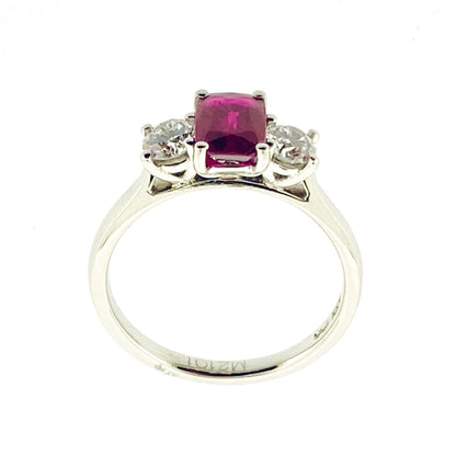 Platinum Octagonal Cushion Cut Ruby & Diamond Set Three Stone Trilogy Ring