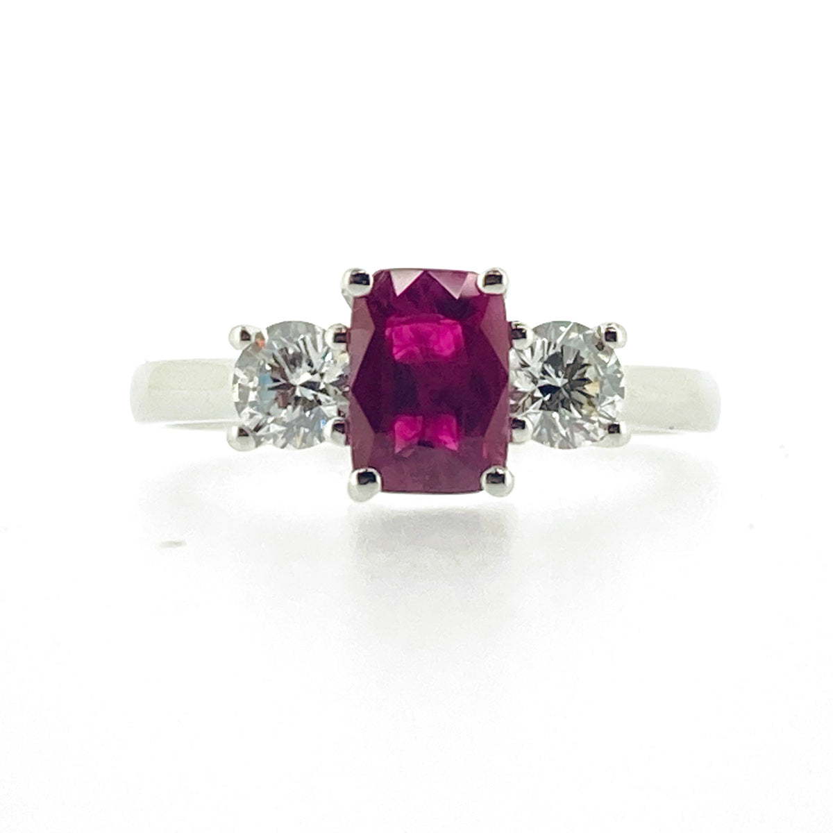 Platinum Octagonal Cushion Cut Ruby & Diamond Set Three Stone Trilogy Ring