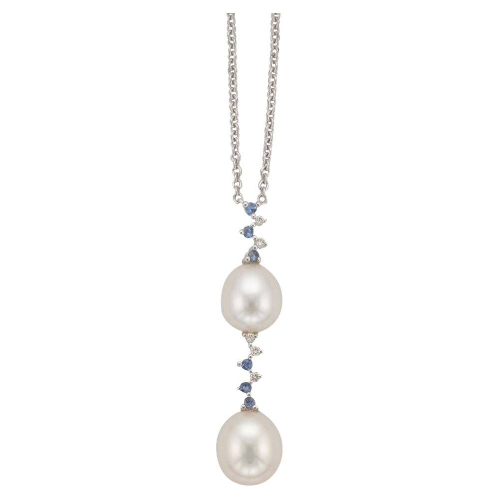 18ct White Gold Pearl Sapphire & Diamond Set Pendant Necklace