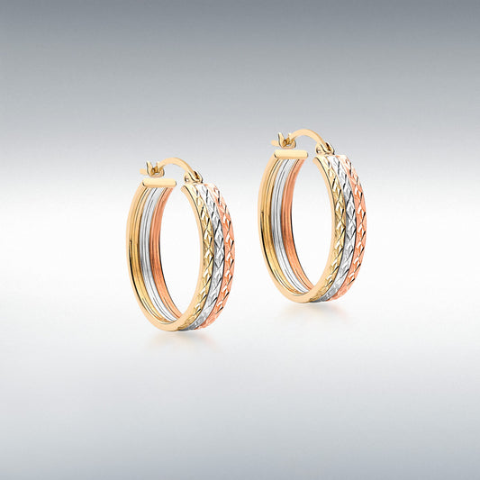 9ct 3 Colour Gold Diamond Cut Hoop Earrings