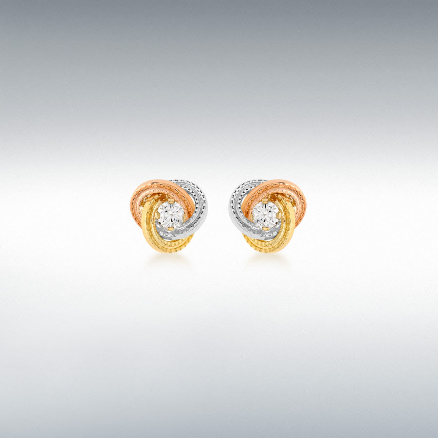 9ct 3 Colour Gold Cubic Zirconia Knot Stud Earrings