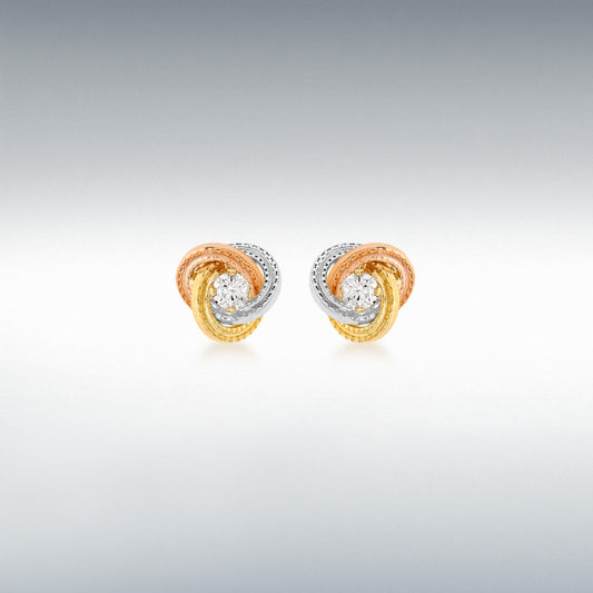 9ct 3 Colour Gold Cubic Zirconia Knot Stud Earrings