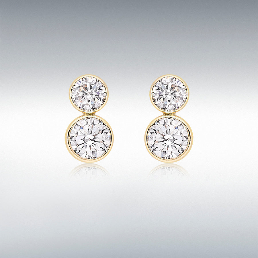 9ct Gold Rubover Set Cubic Zirconia Graduated Two Stone Stud Earrings