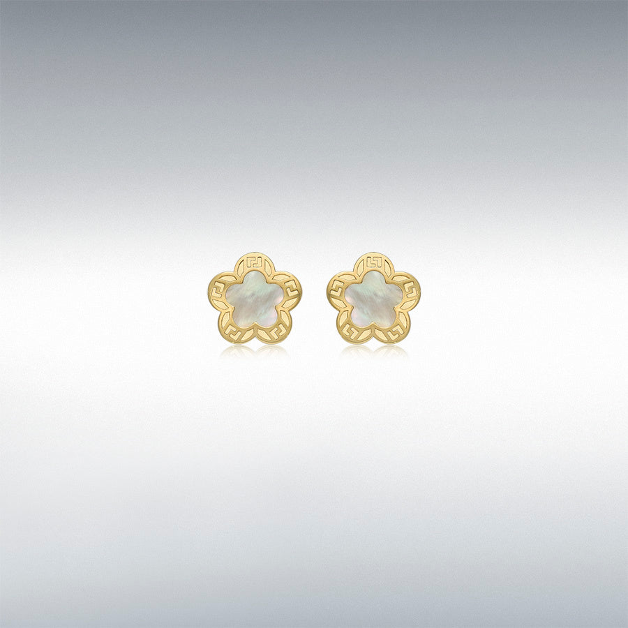 9ct Gold Mother of Pearl Set Greek Key Flower Stud Earrings