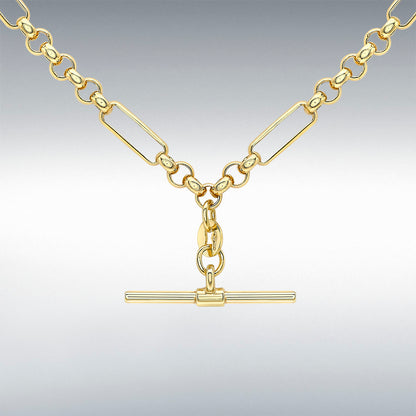 9ct Yellow Gold T-Bar Figaro Belcher Albert Chain 18" Necklace
