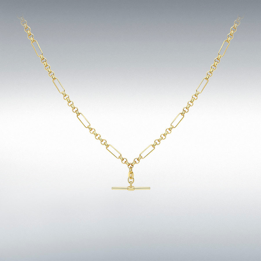 9ct Yellow Gold T-Bar Figaro Belcher Albert Chain 18" Necklace