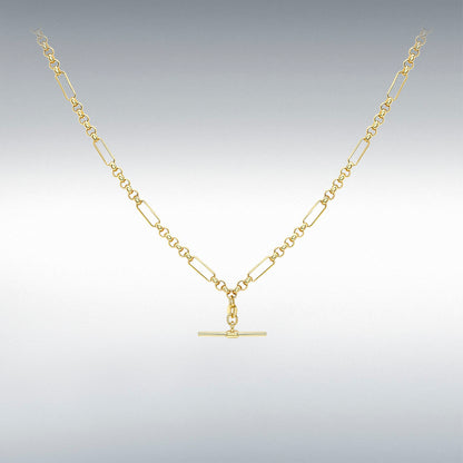 9ct Yellow Gold T-Bar Figaro Belcher Albert Chain 18" Necklace