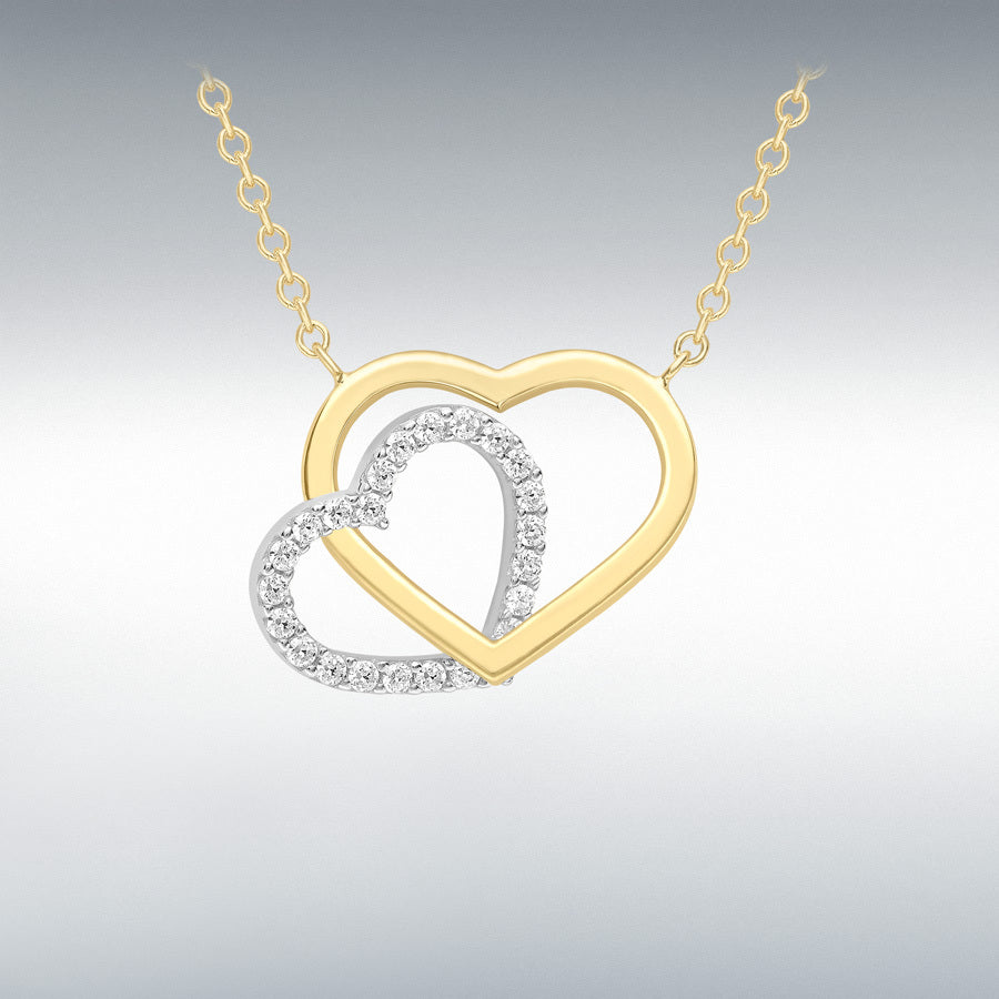9ct Yellow & White Gold Two Tone Linked Hearts Cubic Zirconia Set Pendant Necklace