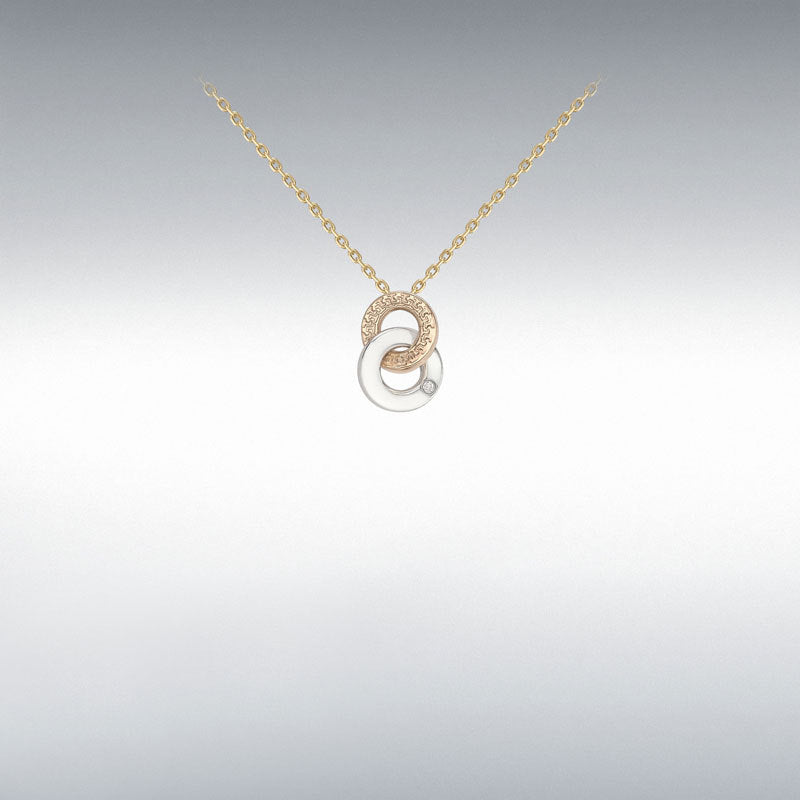 9ct 3 Colour Rose, White, Yellow Gold Cubic Zirconia Set Linked Rings Pendant Necklace