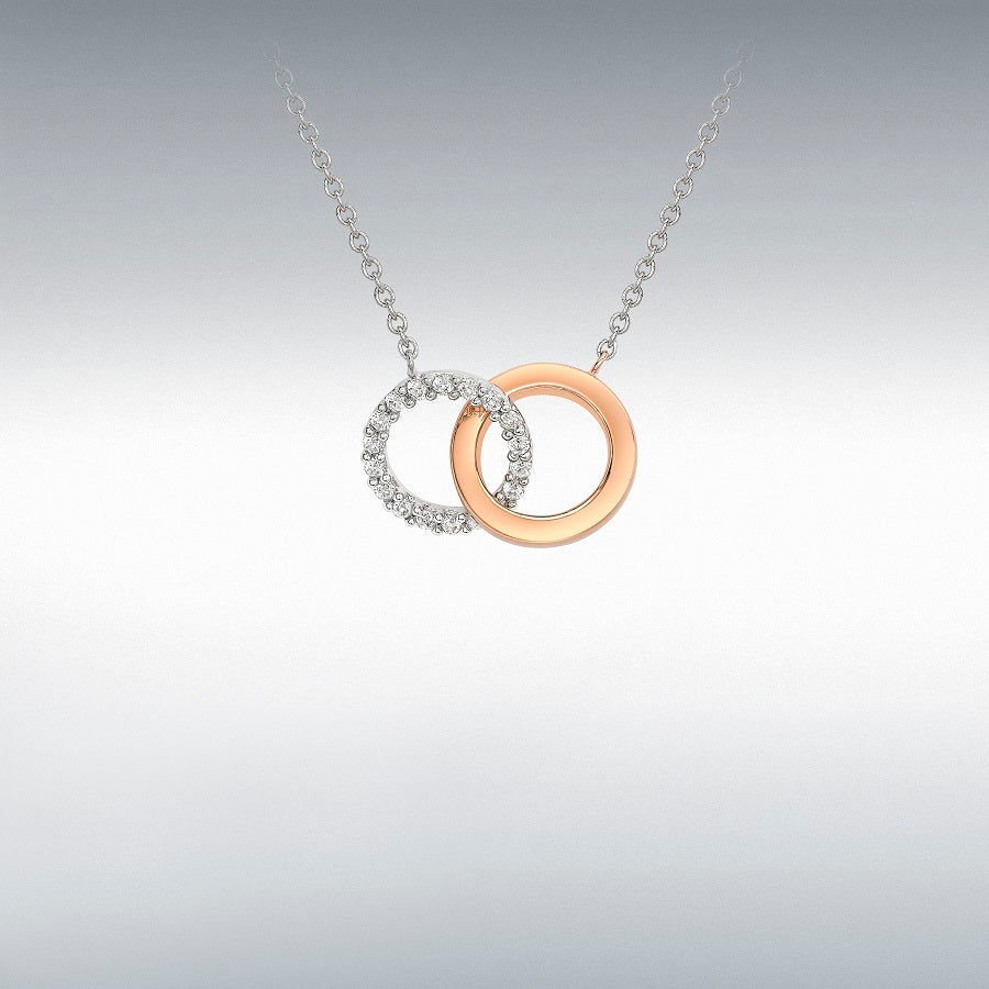 9ct Rose & White Gold Two Tone Cubic Zirconia Linked Rings Pendant Necklace