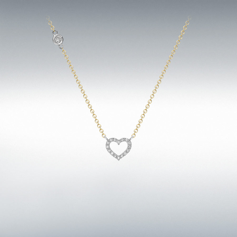 9ct Yellow & White Two Tone Gold Cubic Zirconia Set Openwork Heart Pendant Necklace