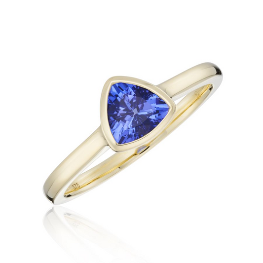 9ct Gold Rubover Set Trilliant Cut Tanzanite Solitaire Ring