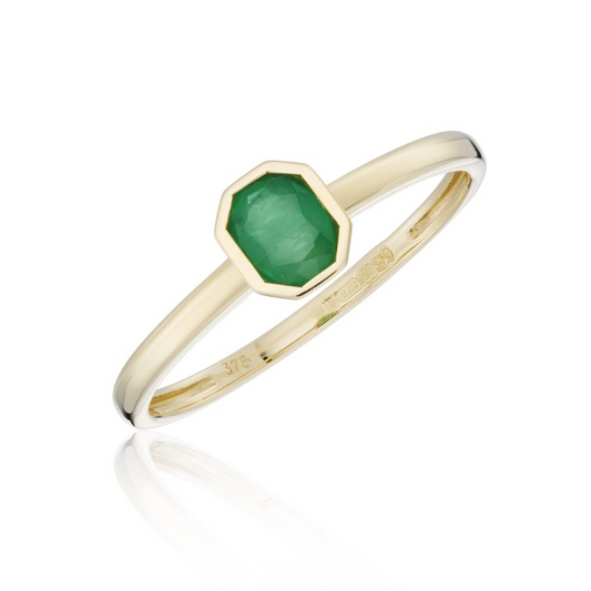 9ct Gold Rubover Set Emerald Octagon Ring