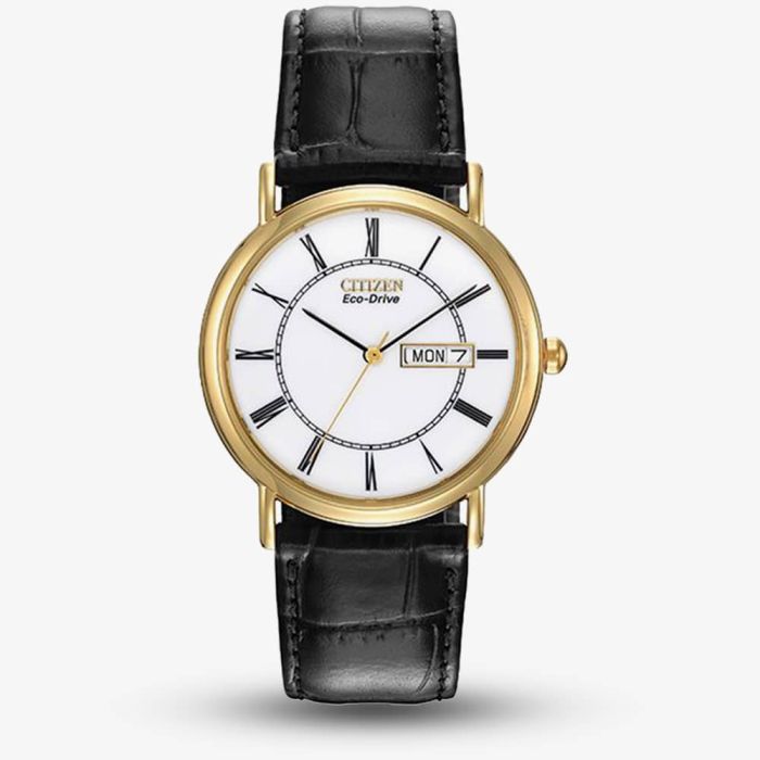 Citizen Eco-Drive White Dial Gold Plated Day-Date Mens Watch BM8242-16A