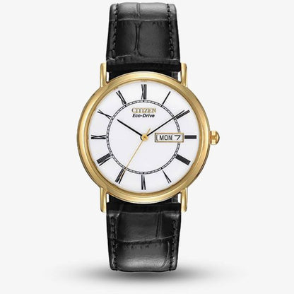 Citizen Eco-Drive White Dial Gold Plated Day-Date Mens Watch BM8242-16A