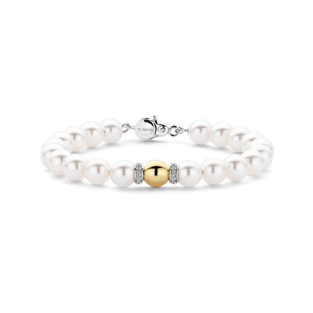 TI SENTO Sterling Silver & Gold Plated Bead 8mm Pearl & CZ Set Bracelet