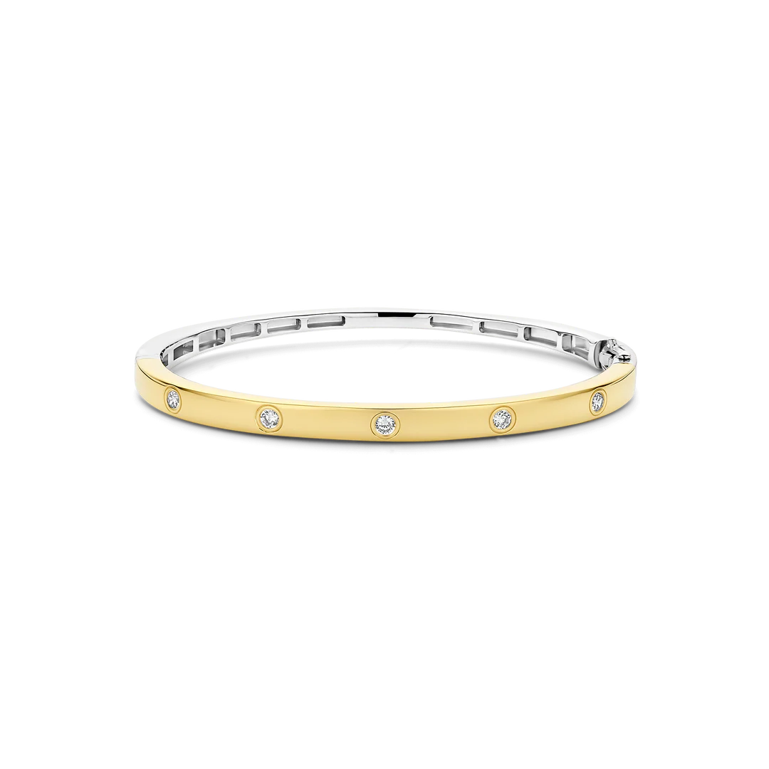 TI SENTO Sterling Silver & Gold Plated Two Tone Cubic Zirconia Set Hinged Bangle