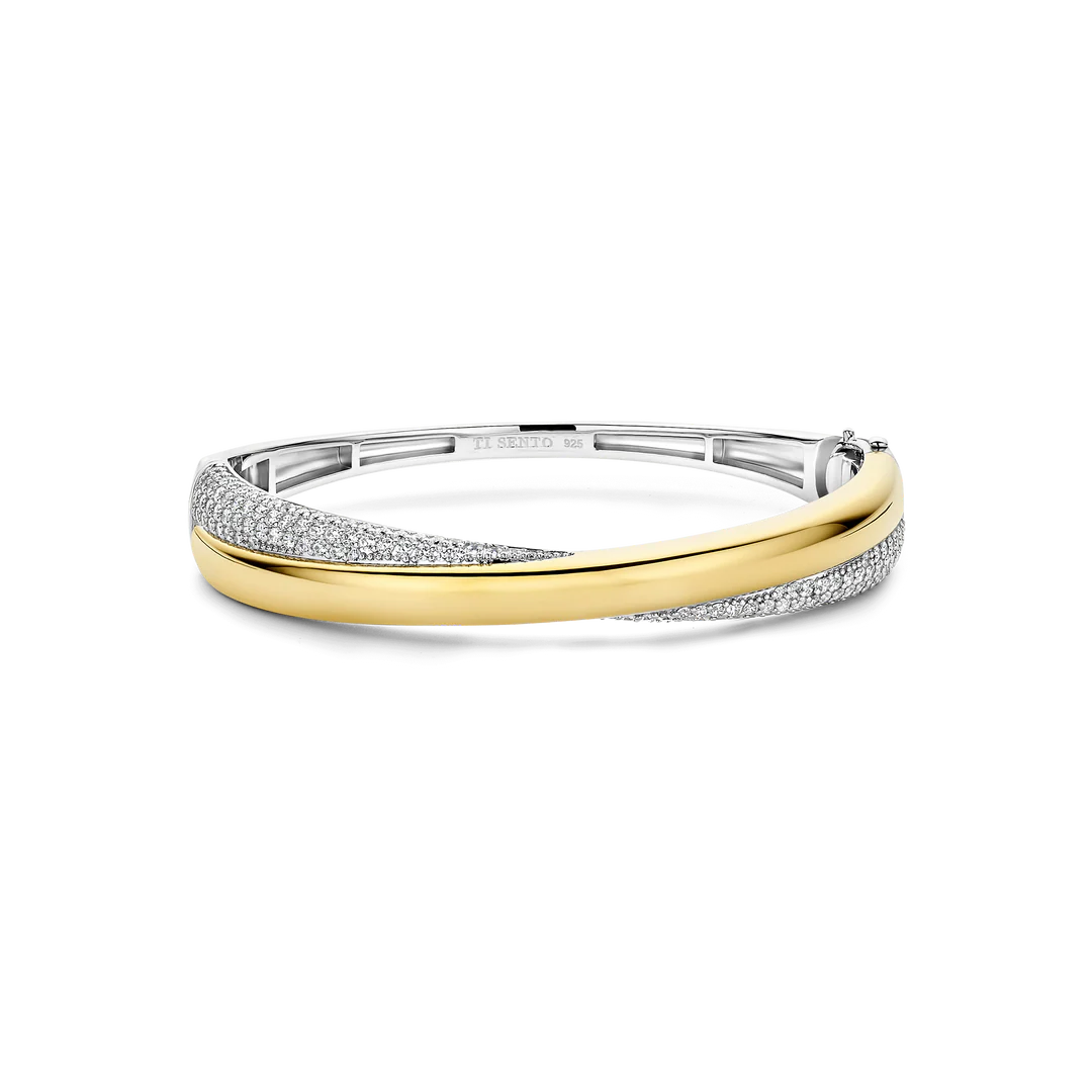 TI SENTO Bold Sterling Silver & Gold Plated Two Tone Cubic Zirconia Set Hinged Crossover Bangle
