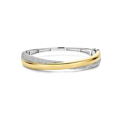 TI SENTO Bold Sterling Silver & Gold Plated Two Tone Cubic Zirconia Set Hinged Crossover Bangle