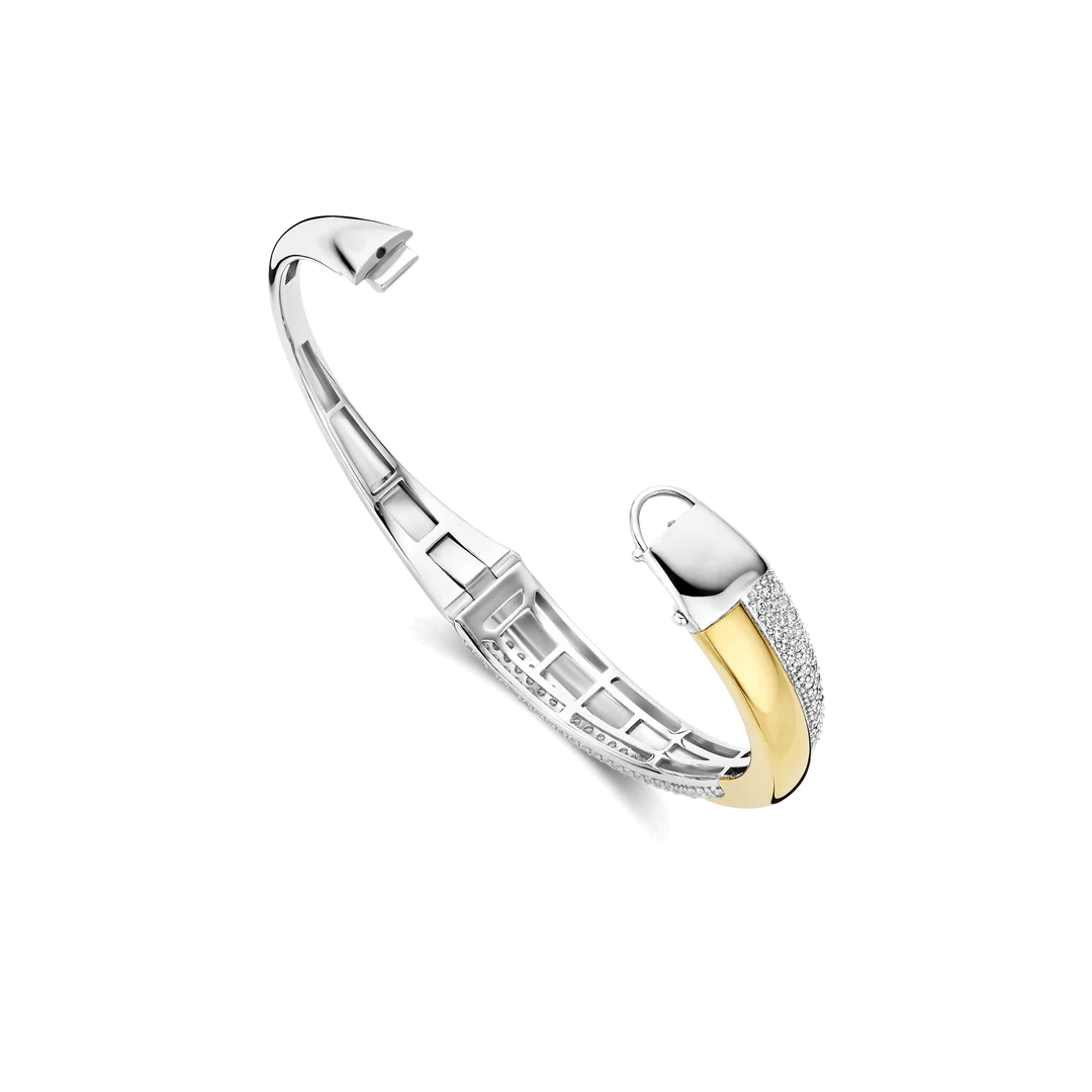 TI SENTO Bold Sterling Silver & Gold Plated Two Tone Cubic Zirconia Set Hinged Crossover Bangle