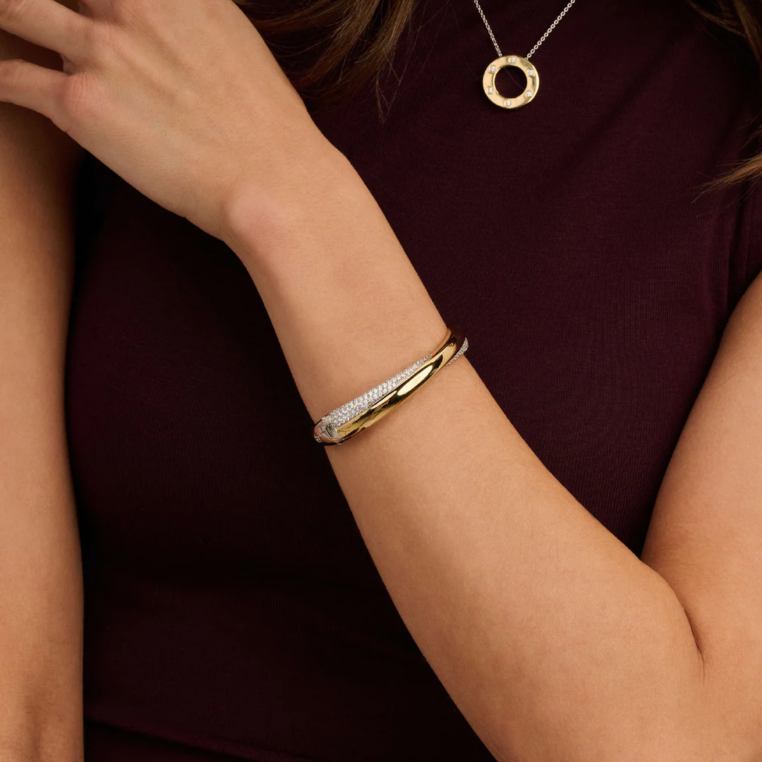 TI SENTO Bold Sterling Silver & Gold Plated Two Tone Cubic Zirconia Set Hinged Crossover Bangle