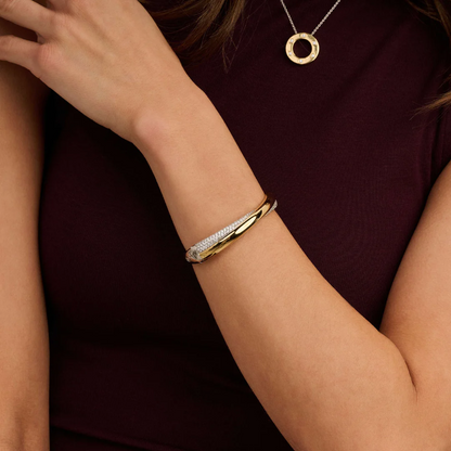 TI SENTO Bold Sterling Silver & Gold Plated Two Tone Cubic Zirconia Set Hinged Crossover Bangle