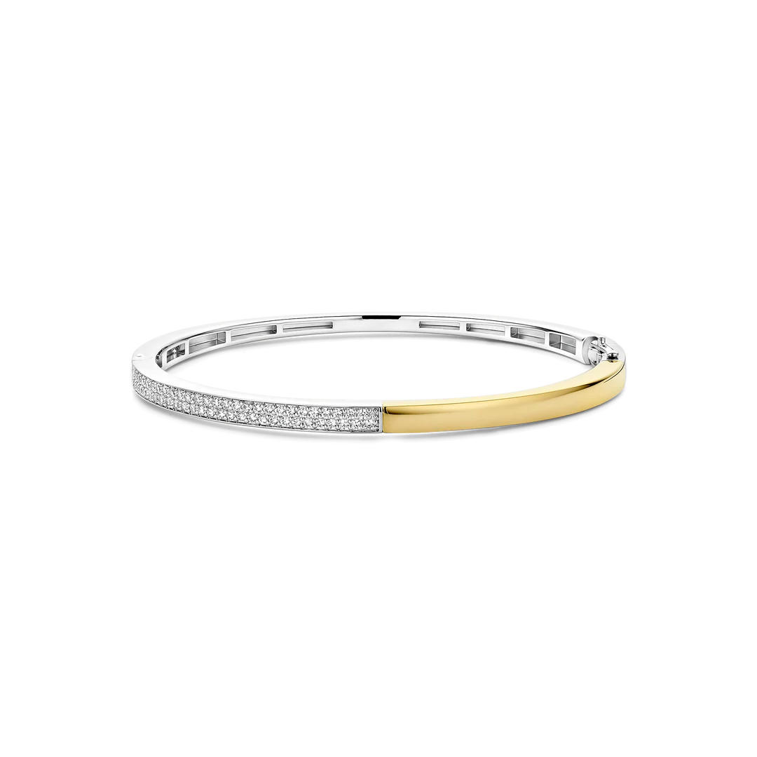 TI SENTO Contrast Sterling Silver & Gold Plated Two Tone Cubic Zirconia Set Hinged Bangle