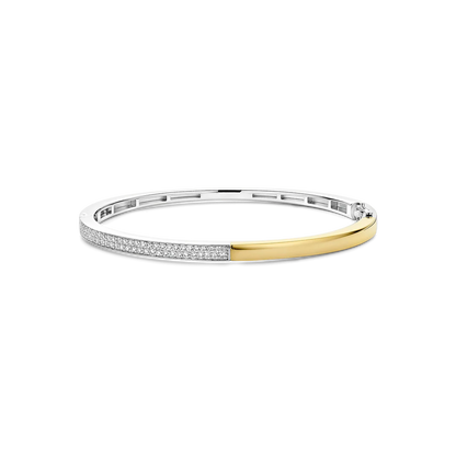 TI SENTO Contrast Sterling Silver & Gold Plated Two Tone Cubic Zirconia Set Hinged Bangle