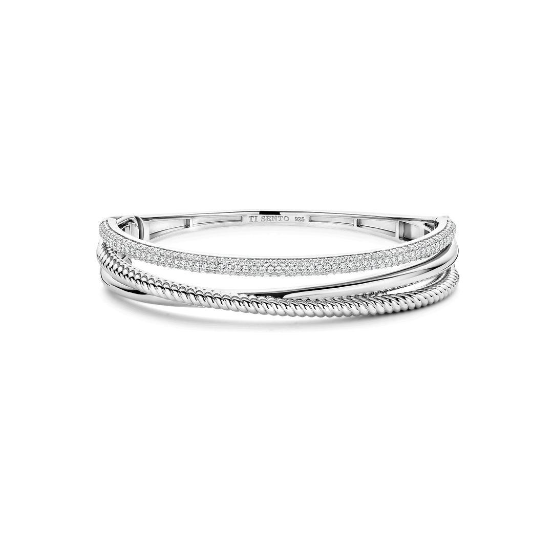TI SENTO Sterling Silver Cubic Zirconia Set Crossover Structure Hinged Bangle