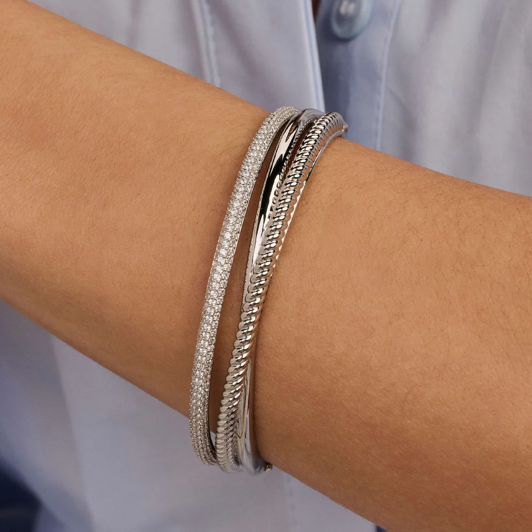 TI SENTO Sterling Silver Cubic Zirconia Set Crossover Structure Hinged Bangle
