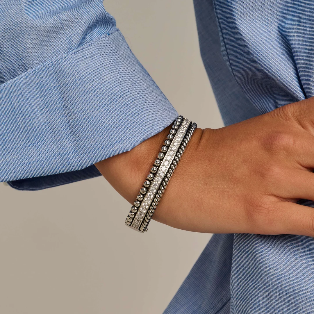 TI SENTO Sterling Silver Cubic Zirconia Set Layered Structure Hinged Bangle