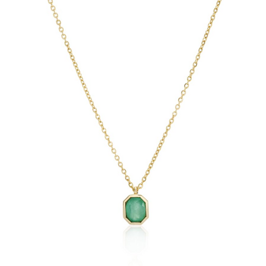 9ct Gold Rubover Set Emerald Octagon Pendant Necklace