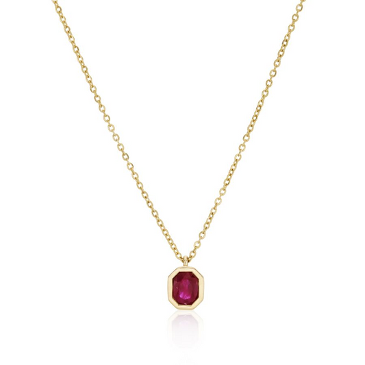 9ct Gold Rubover Set Ruby Octagon Pendant Necklace
