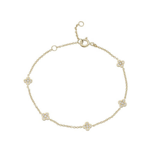 9ct Gold Diamond Set Quatrefoil Four Leaf Clover Bracelet