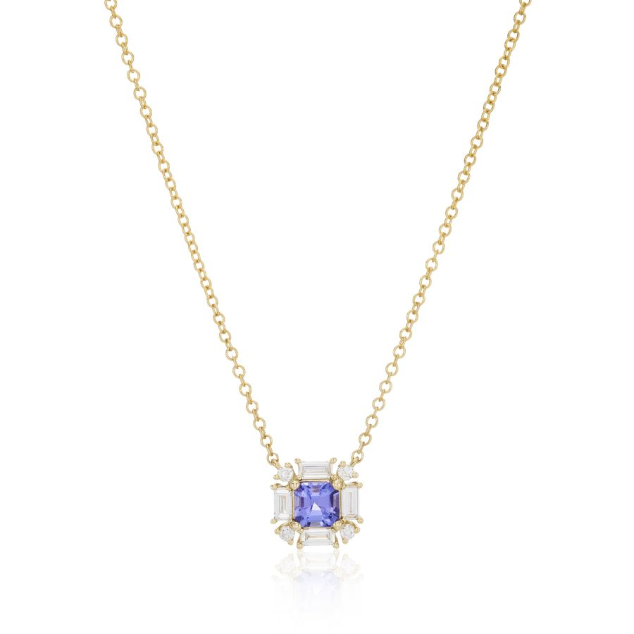 9ct Gold Tanzanite & Diamond Set Cluster Pendant Necklace